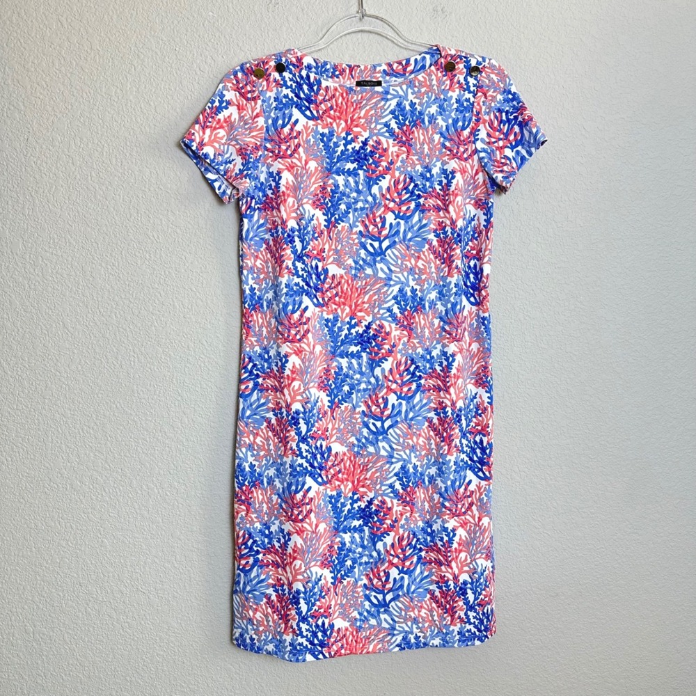 Talbots Petite Coral Reef Print Shift Dress Blue Pink Gold Button Accents SP